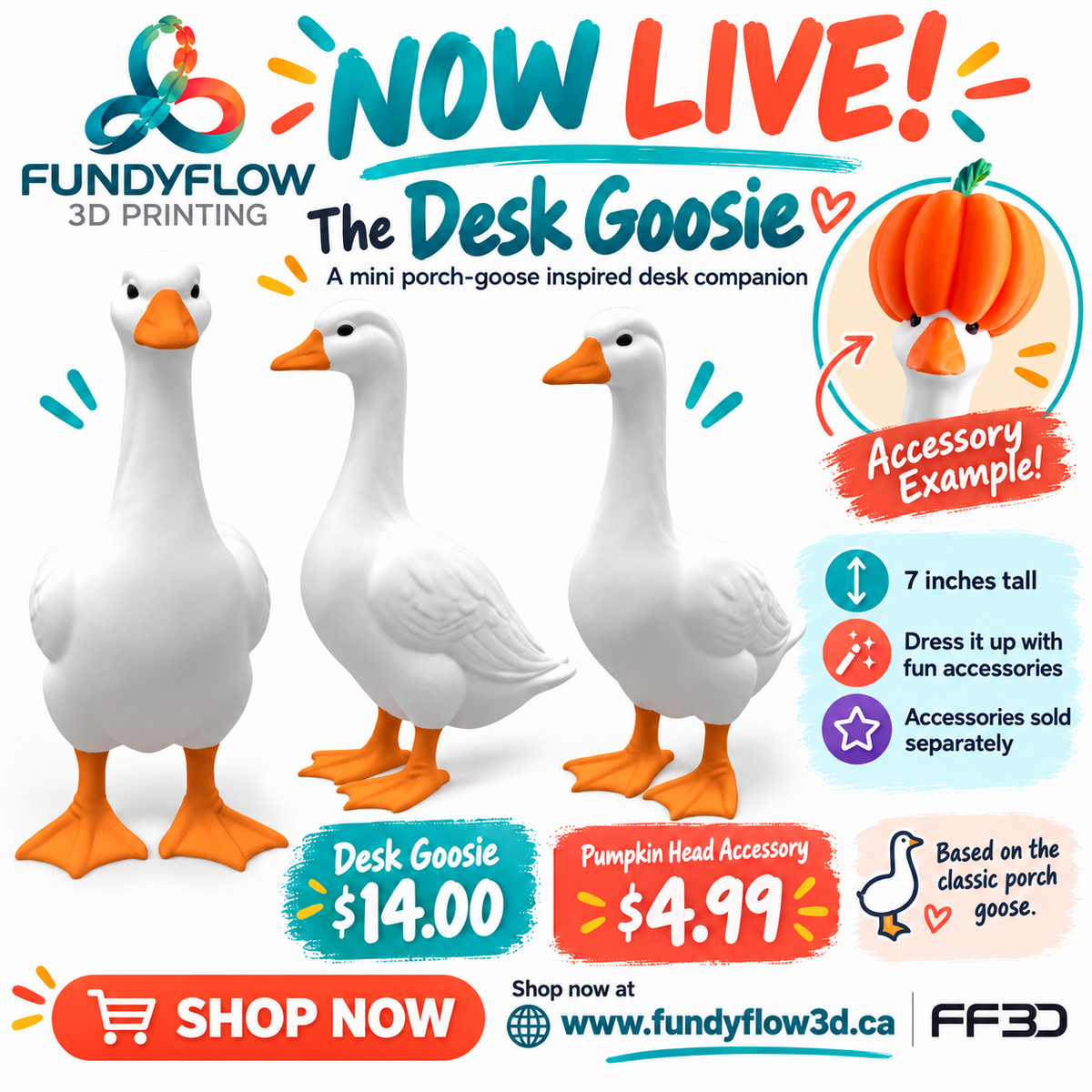 The Desk Goosie 7-inch mini porch-goose-inspired desk companion by Fundy Flow 3D