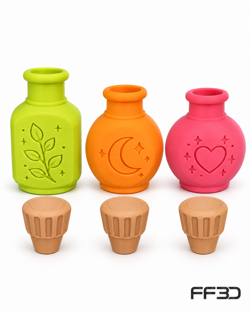 Three colorful pretend potion bottles with matching cork-style stoppers